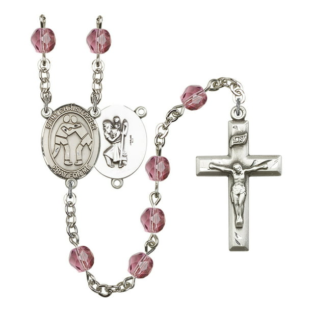 Barbara Center Barbara Rosary with 6mm Peridot Color Fire Polished Beads and 1 5/8 x 1 inch Crucifix Gift Boxed Silver Finish St St 